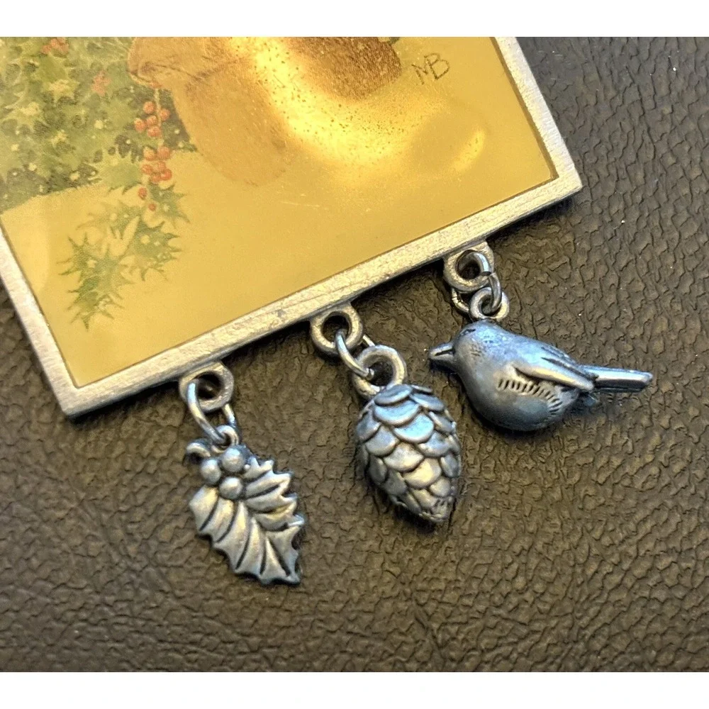 VTG Marjolein Bastin Bunny Brooch Pin Pewter Bird Holly Dangle Charms Spring